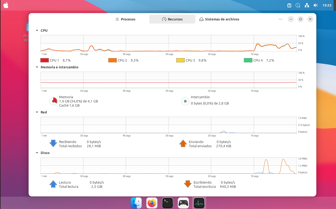 Monitor del sistema en Linux Mint mostrando consumo de RAM y CPU en reposo