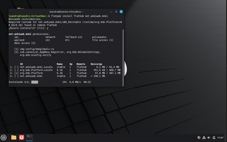 Anki instalada vía Flatpak en Linux Mint