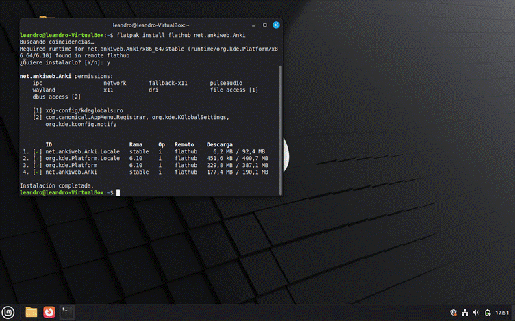 Anki instalada vía Flatpak en Linux Mint