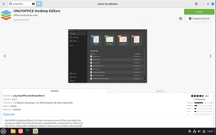 Página de OnlyOffice en el Gestor de Software